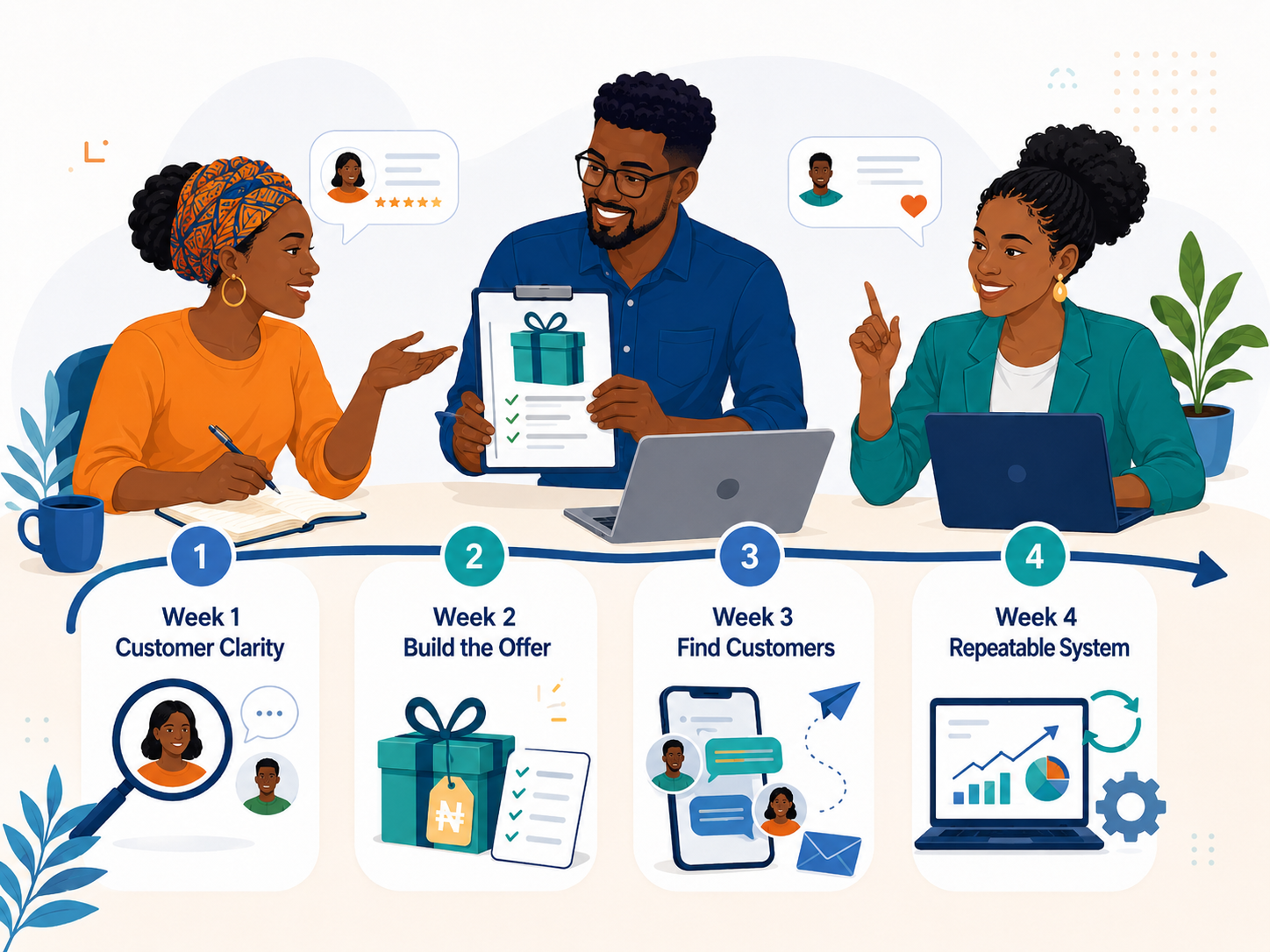 The 4-week roadmap: Customer Clarity, Build the Offer, Find Customers, Repeatable System