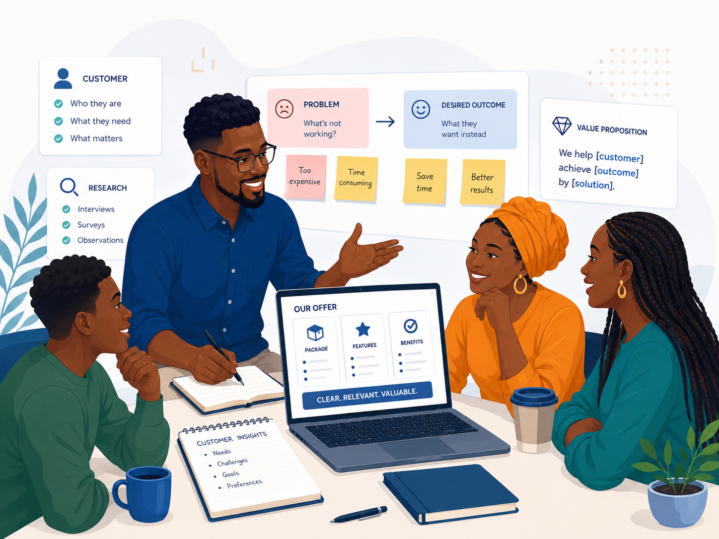 A team working through customer discovery and offer design