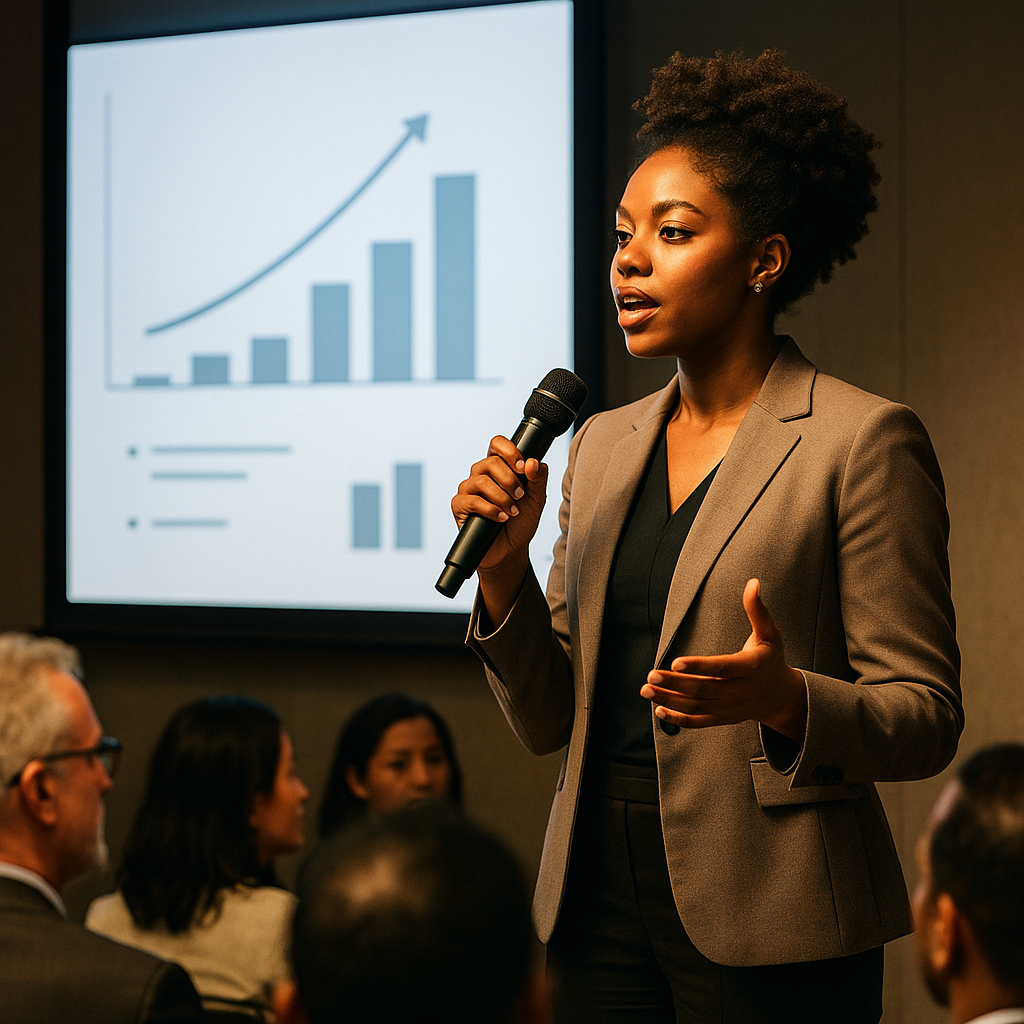 Confident Black woman entrepreneur presenting her business pitch with passion and expertise